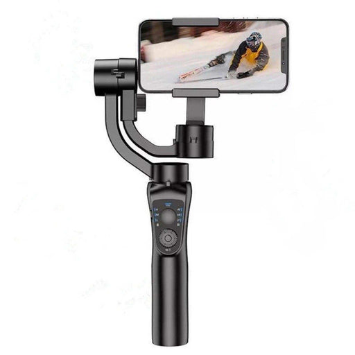 Black 3-axis gimbal stabilizer tripod holding smartphone with skier on screen, TUTT