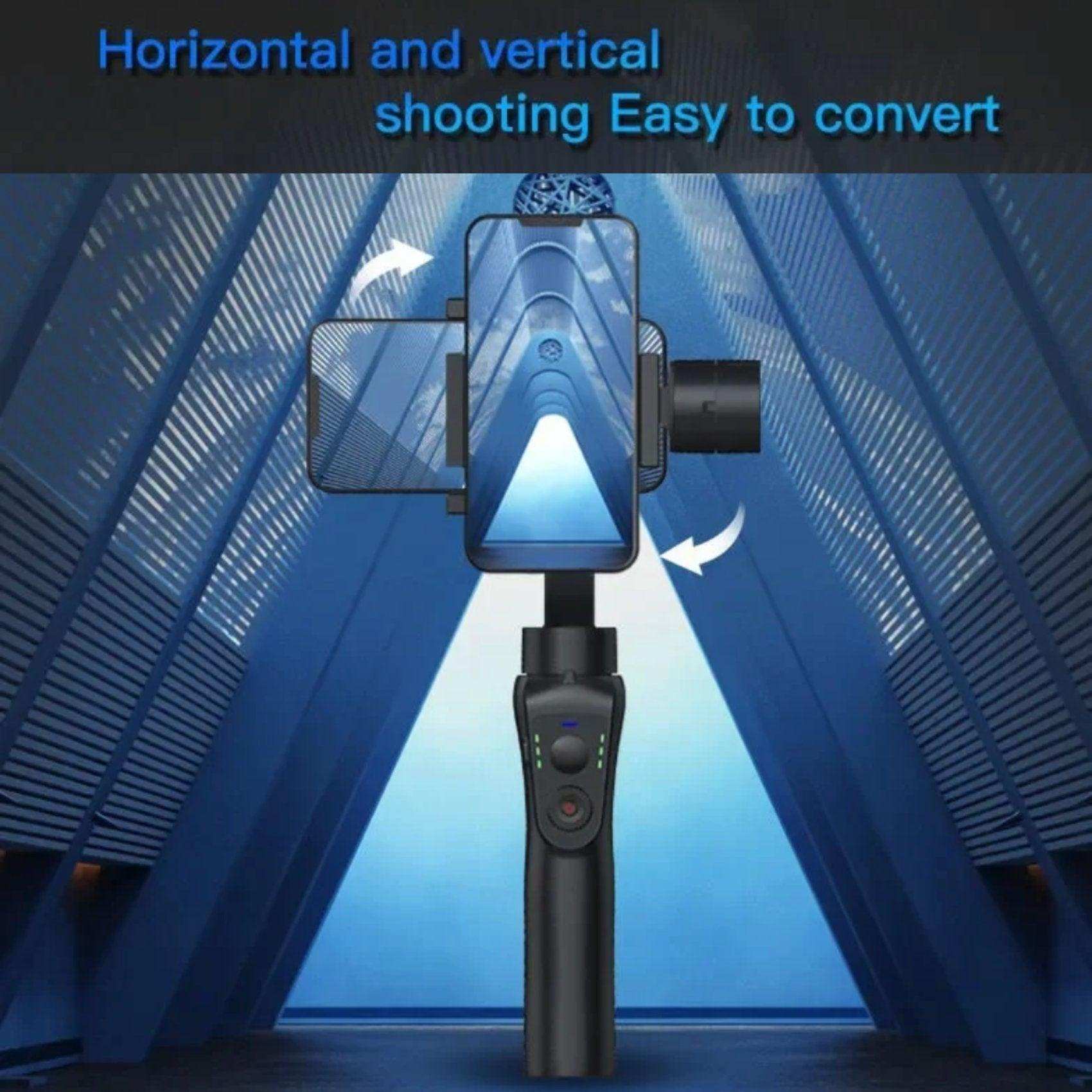 3-axis gimbal stabilizer holding smartphone in vertical and horizontal modes, blue tech background, TUTT