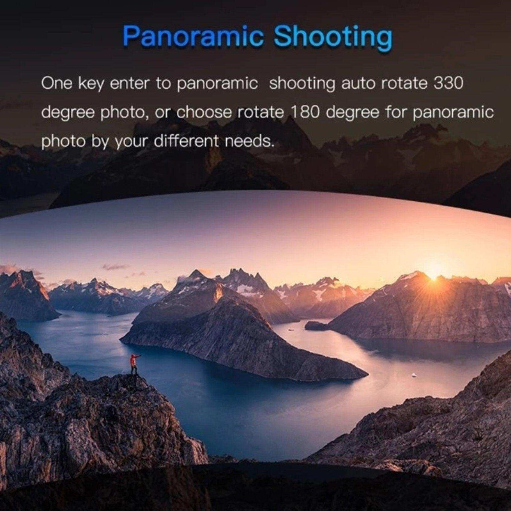 Panoramic Shooting auto-rotate feature text above scenic sunset mountain landscape, TUTT