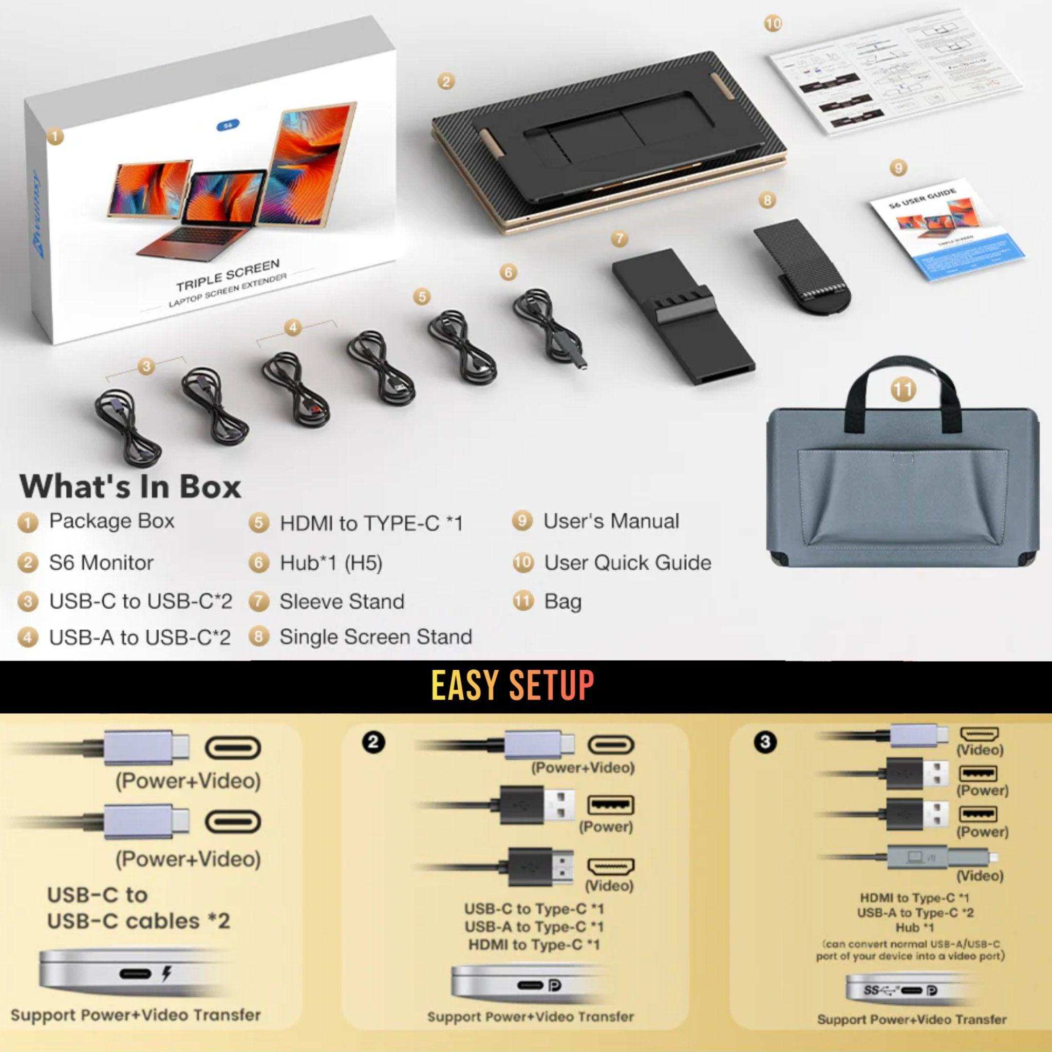 TUTT S6 portable triple screen monitor kit with accessories, cables, setup guide, and carrying bag TUTT