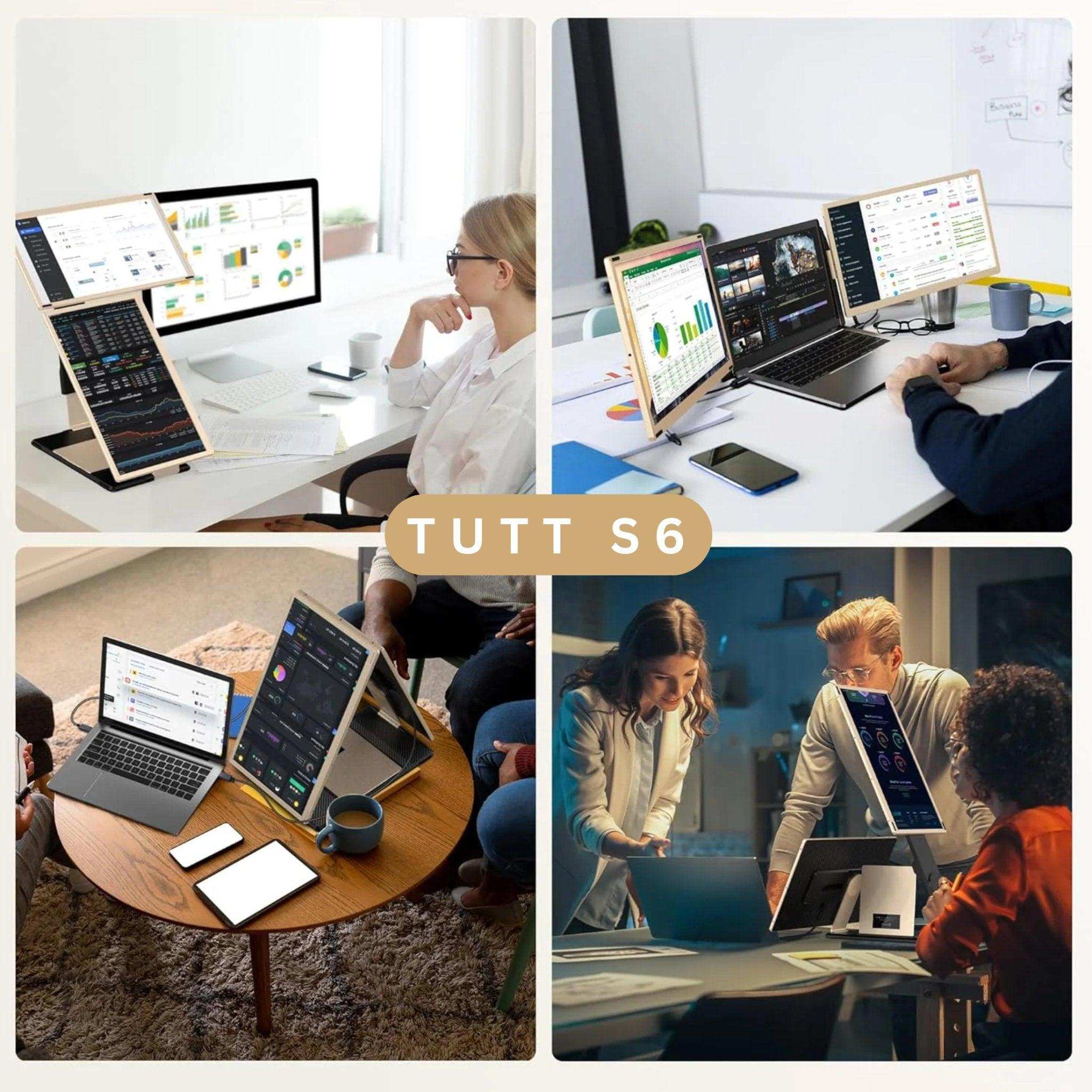 Collage of people using TUTT S6 portable tri-screen monitor extension with laptops in various office and home settings, productivity and multi-screen workspace solution TUTT