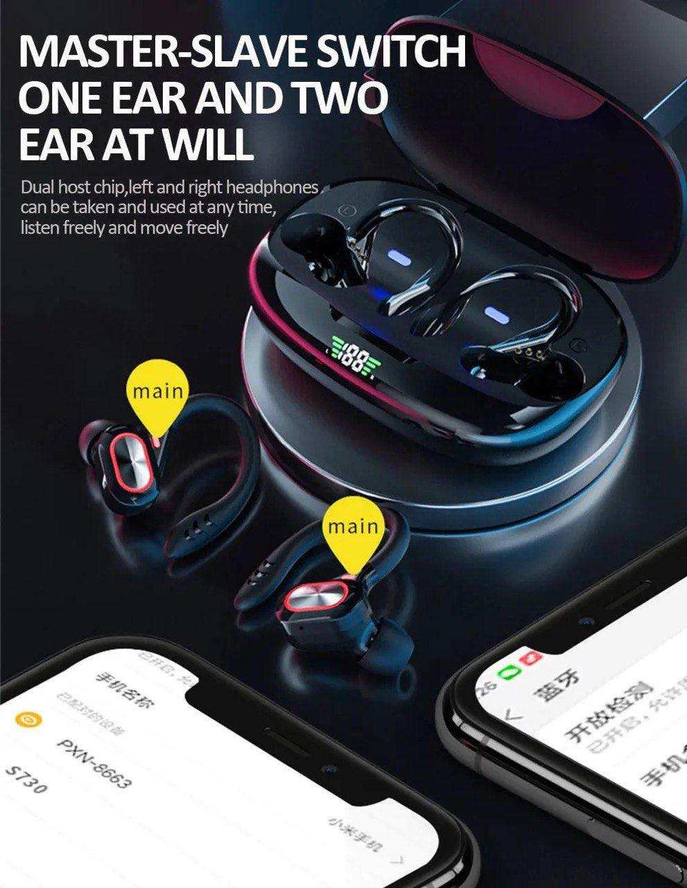 TUTT S730 wireless Bluetooth earbuds with LED display charging case, in-ear stereo headphones and two smartphones shown. TUTT