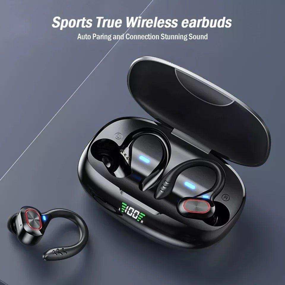 Wireless Bluetooth sports earbuds in charging case with LED display, black color, TUTT