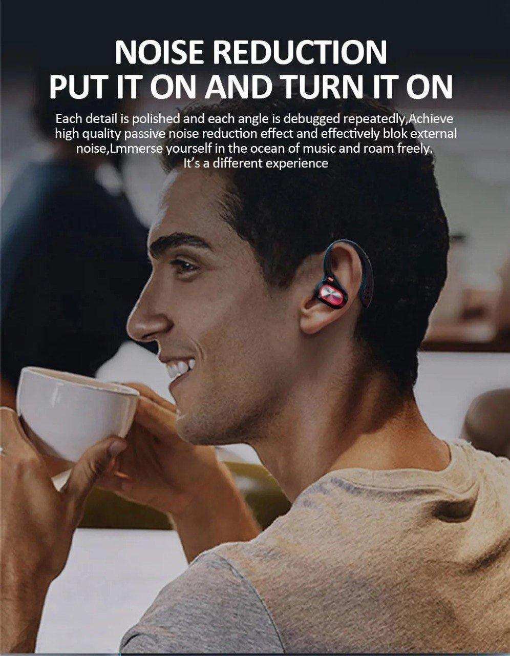 Man wearing black and red wireless Bluetooth earbuds with noise reduction, smiling while holding a cup. TUTT