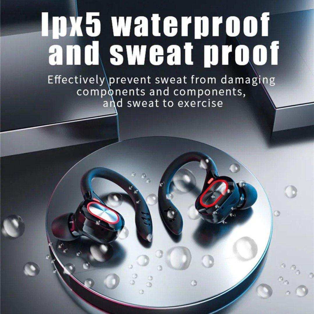 IPX5 waterproof wireless Bluetooth earbuds with ear hooks and water droplets, TUTT