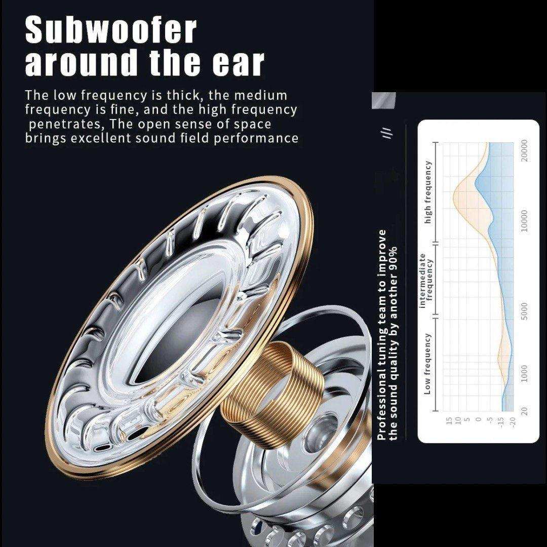 Close-up of wireless earbuds dynamic driver, frequency graph, subwoofer text, for TUTT S730.
