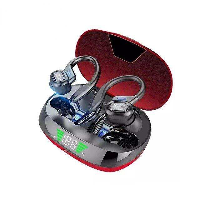 Black wireless Bluetooth earbuds with ear hooks in a red charging case, LED display visible TUTT