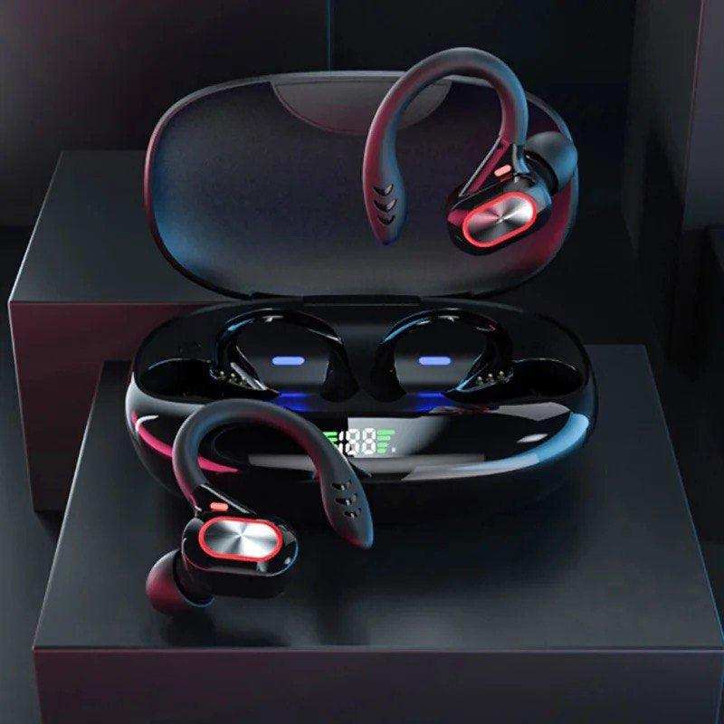Black wireless Bluetooth earbuds with ear hooks in a charging case, LED display, modern design TUTT