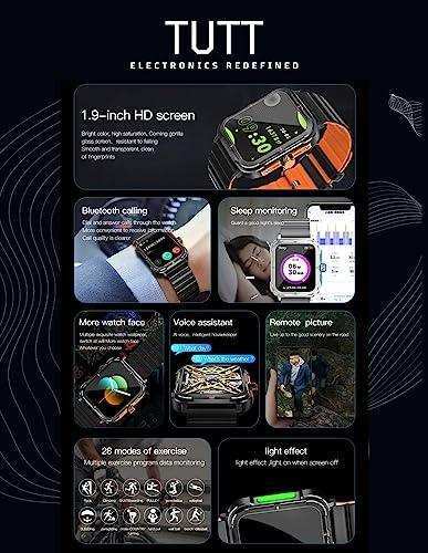 TUTT smartwatch features 1.9-inch HD screen, fitness tracker, sleep and health monitoring, NFC, waterproof design. TUTT