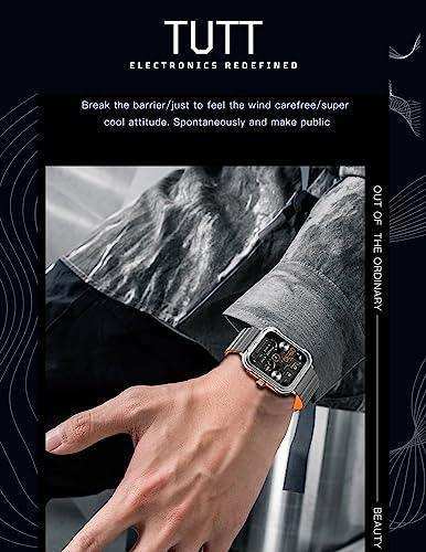 Close-up of a person wearing a TUTT fitness tracker smartwatch with square display, activewear. TUTT