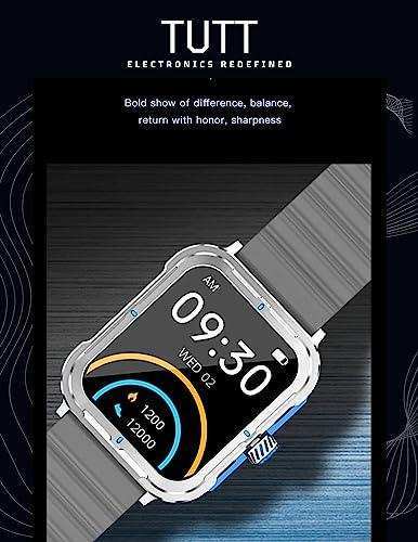 TUTT rectangular smartwatch with grey strap, fitness tracker display, modern design. TUTT