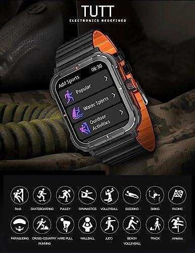 TUTT fitness tracker smartwatch with HD screen showing sports modes, black and orange design, icons for various activities. TUTT