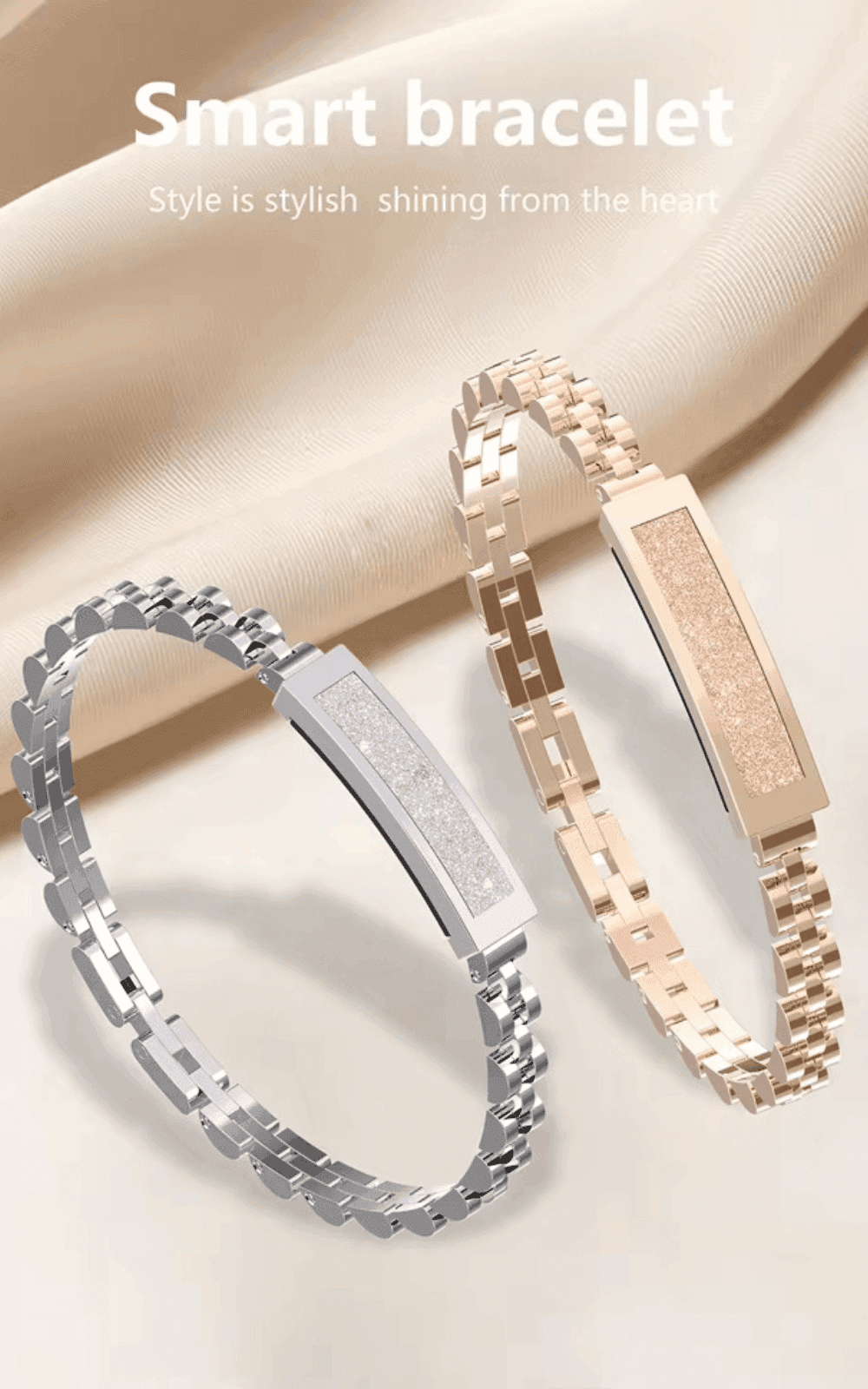 Silver and rose gold smart bracelets with glitter detail on beige fabric background TUTT