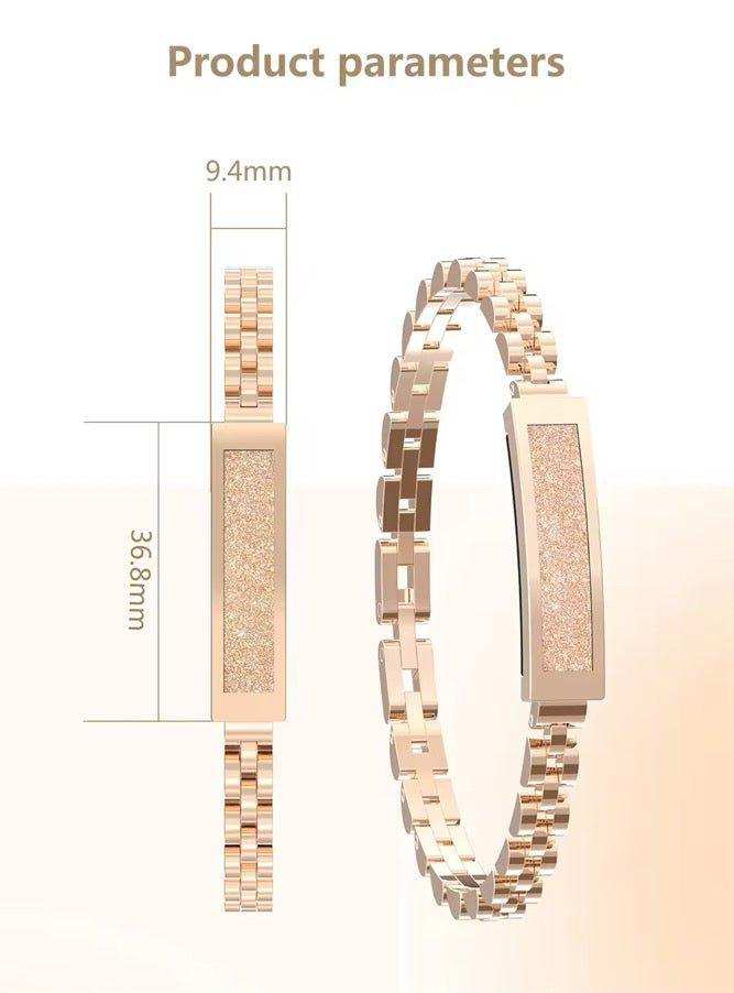 Rose gold smart bracelet for women with glitter detail, 36.8mm x 9.4mm, product parameters shown TUTT