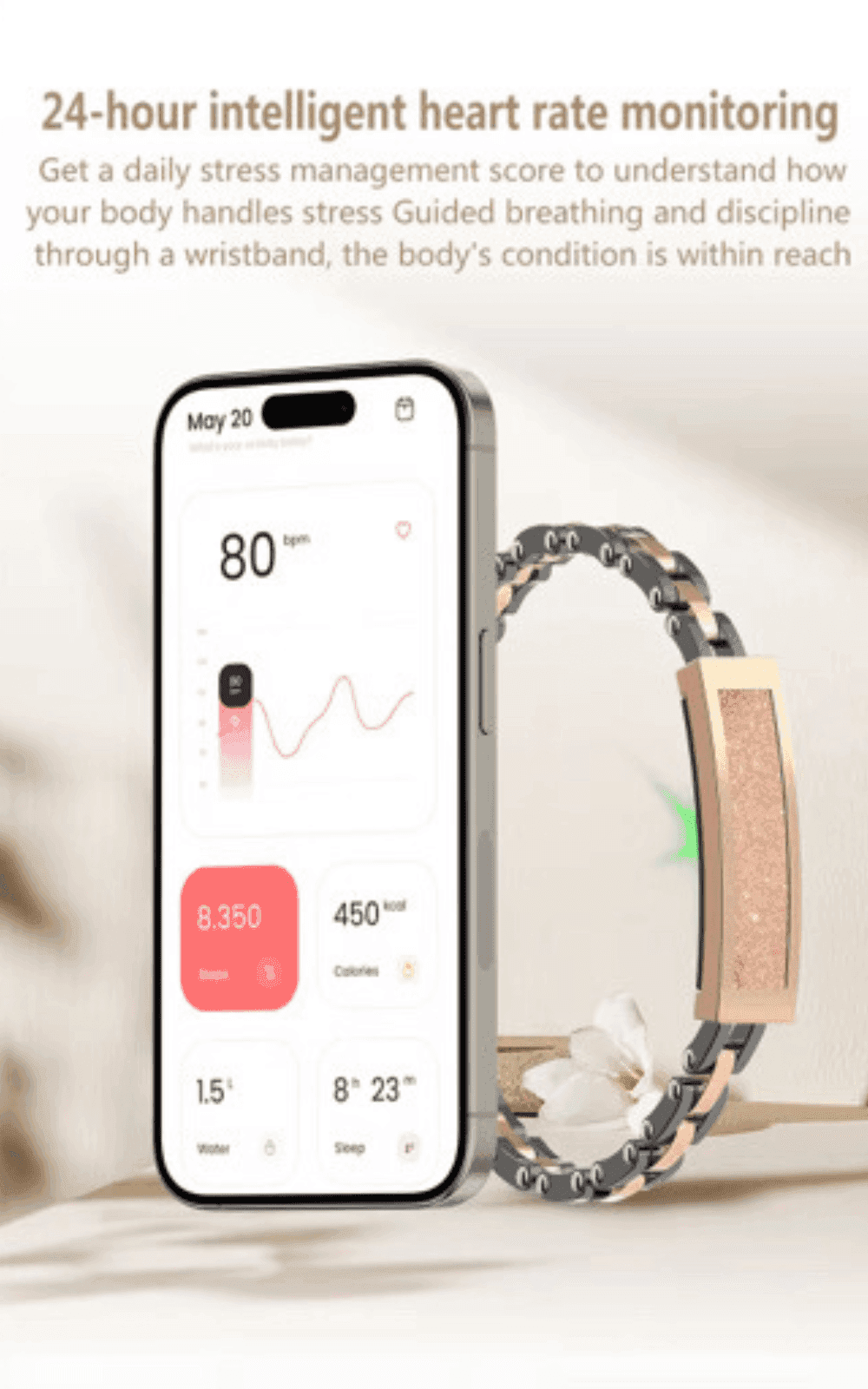 Smart bracelet fitness tracker and mobile app showing heart rate and sleep data, rose gold design TUTT