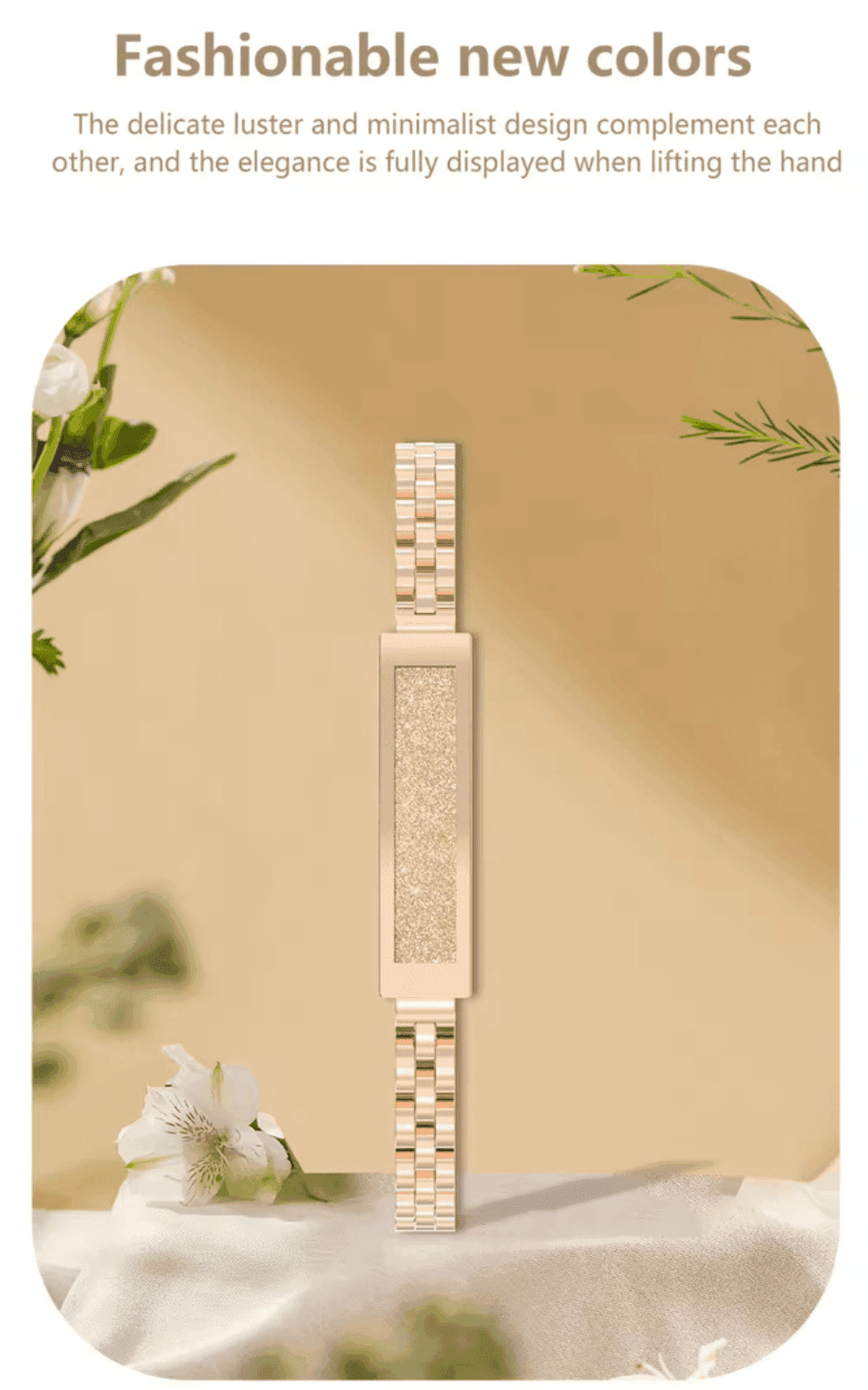 Gold smart bracelet with glittery rectangular face and metal strap on beige background, TUTT