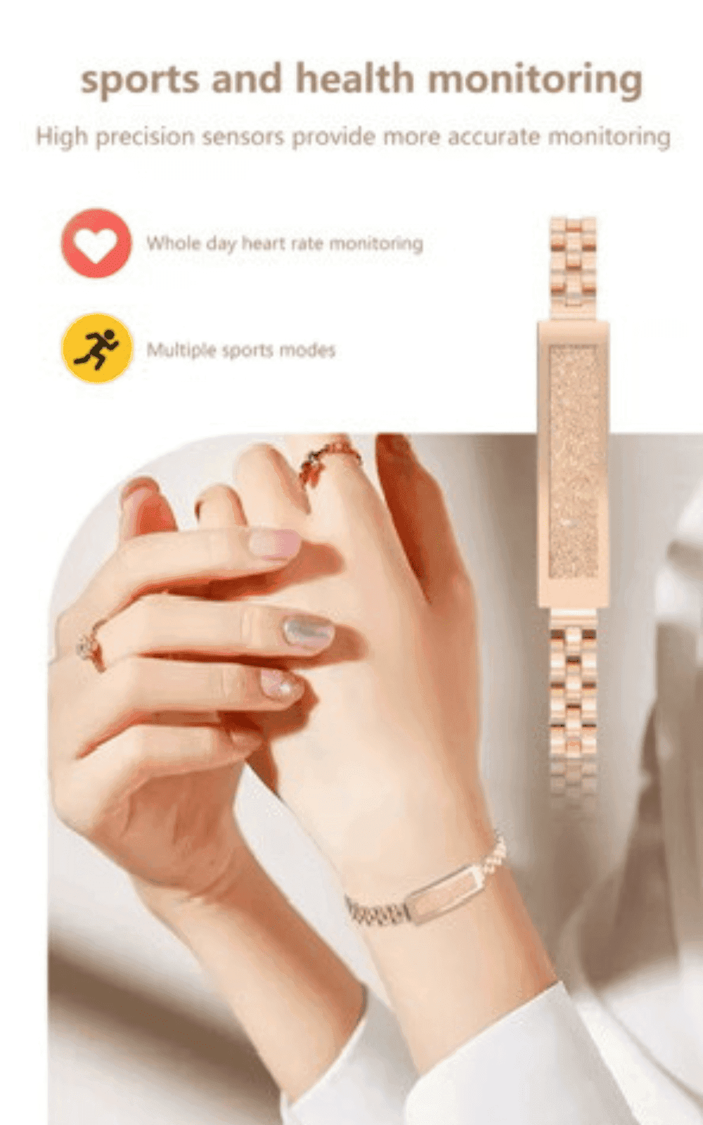 Rose gold smart bracelet on woman's wrist, fitness and sleep tracker, sports monitoring, TUTT