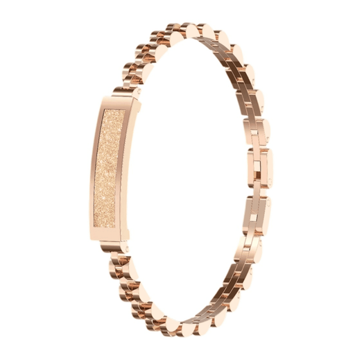 Rose gold smart bracelet with textured rectangular face and metal link band on white background TUTT