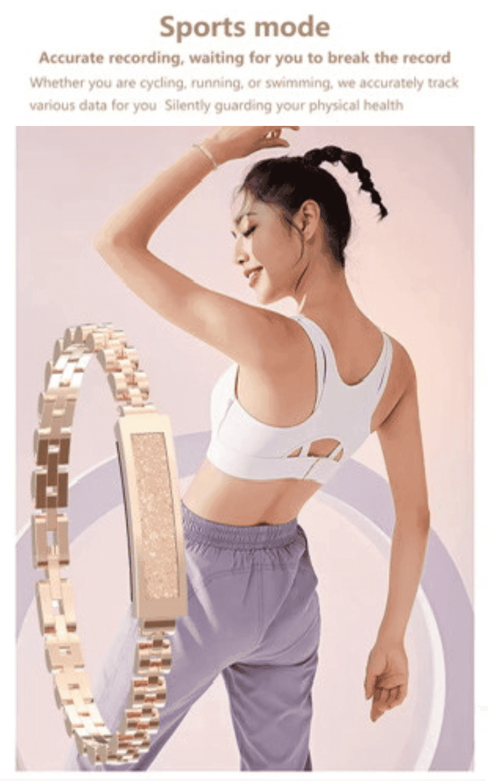 Woman in sportswear posing with rose gold smart bracelet fitness tracker for women, text 'Sports mode' above. TUTT