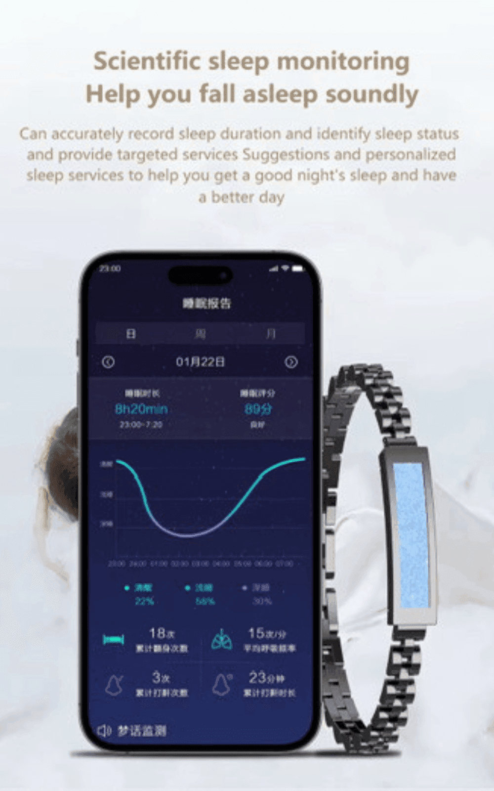Smart bracelet fitness sleep tracker with app control and sleep monitoring on phone, TUTT