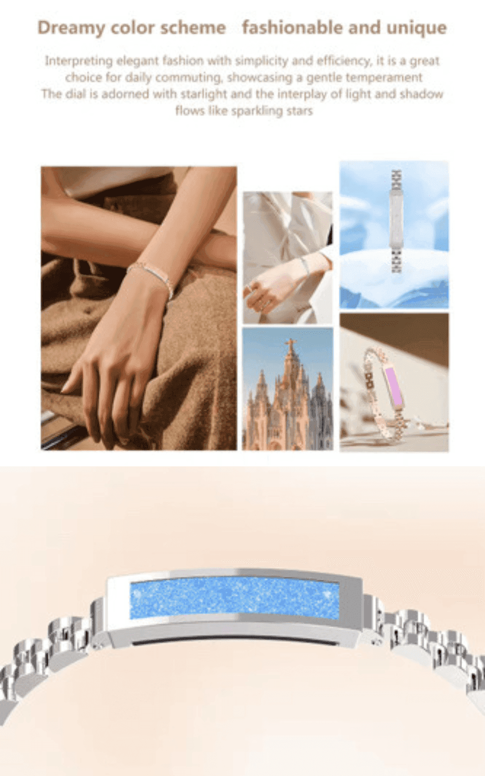 Elegant smart bracelet with silver metal band and blue glittering dial, fashionable fitness tracker, women's accessory, TUTT