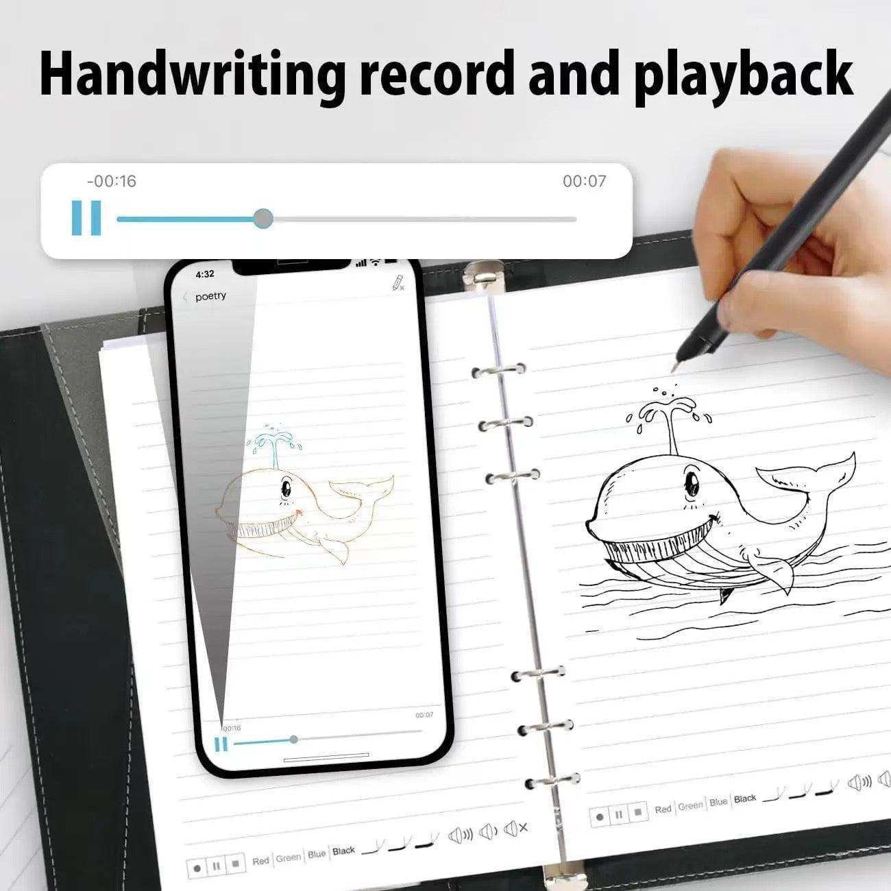 Smart pen writes whale drawing in notebook, synced to smartphone with digital handwriting feature TUTT