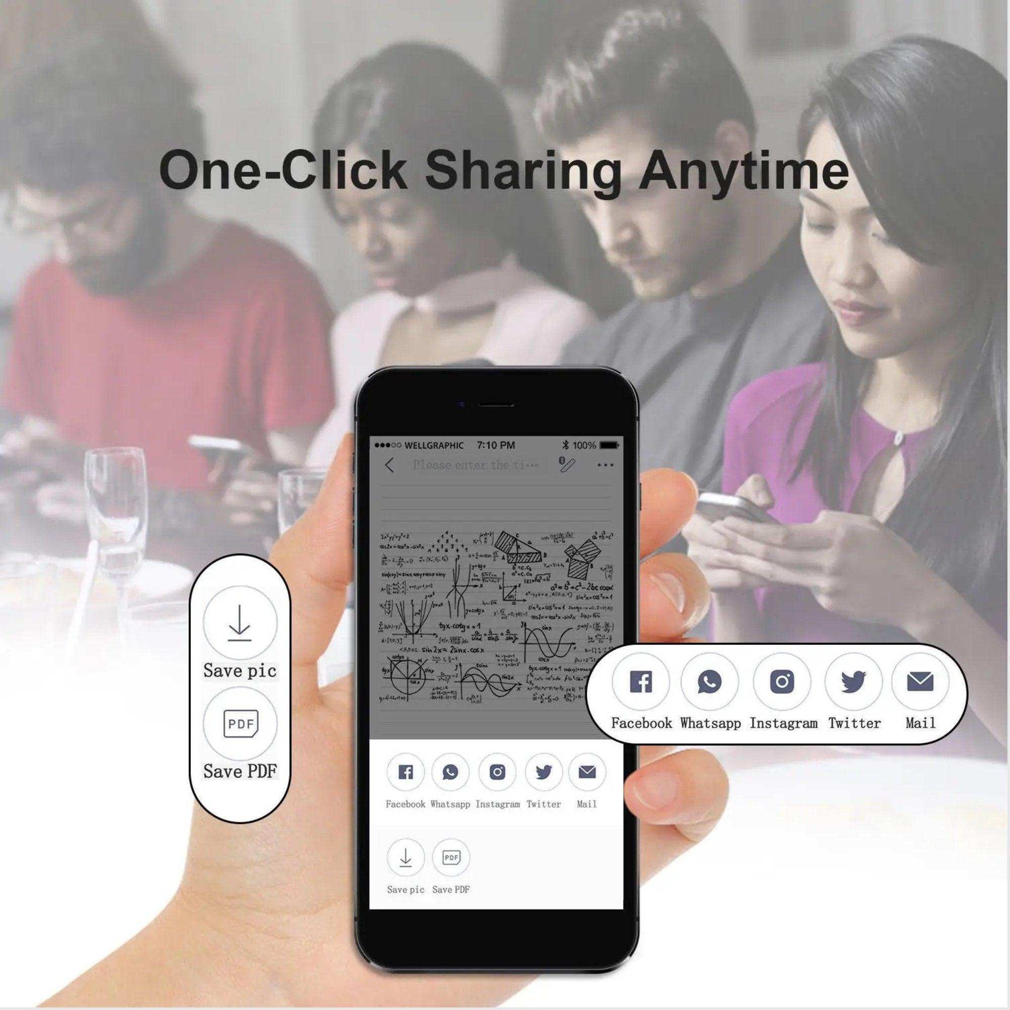 Hand holding smartphone with digital notes, social sharing icons, people in background, TUTT