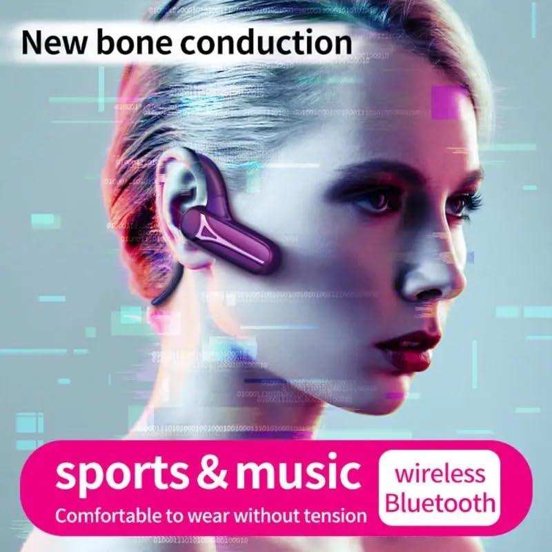 Woman wearing bone conduction wireless Bluetooth earphones for sports and music, futuristic style. TUTT
