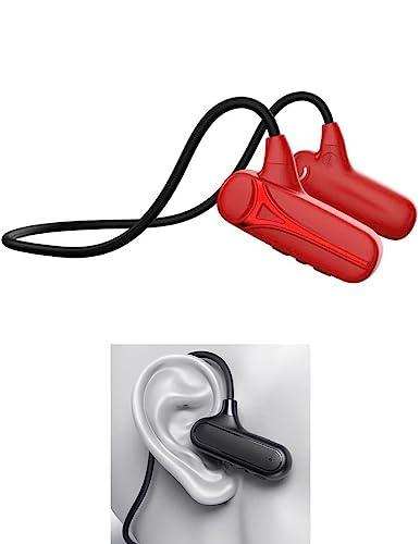 Red bone conduction Bluetooth earphones with ENC microphone, shown on an ear, wireless headset for workouts TUTT