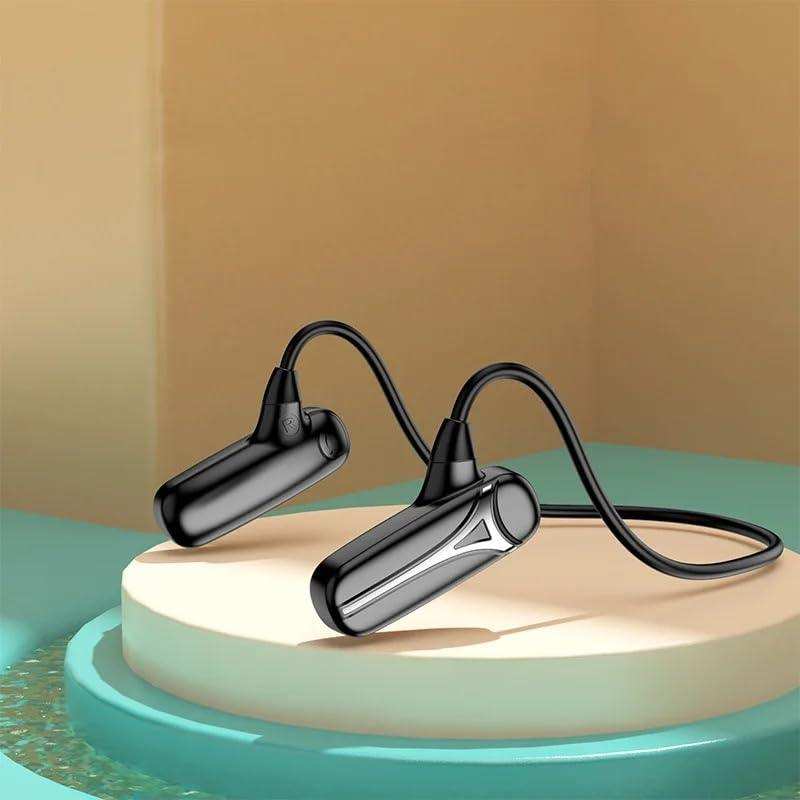 Black bone conduction wireless Bluetooth earphones on a round display platform, TUTT