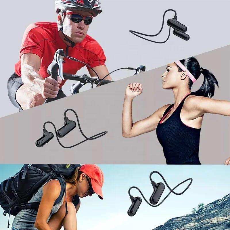Bluetooth bone conduction sports headphones shown with cyclists, runner, and hiker outdoors, TUTT