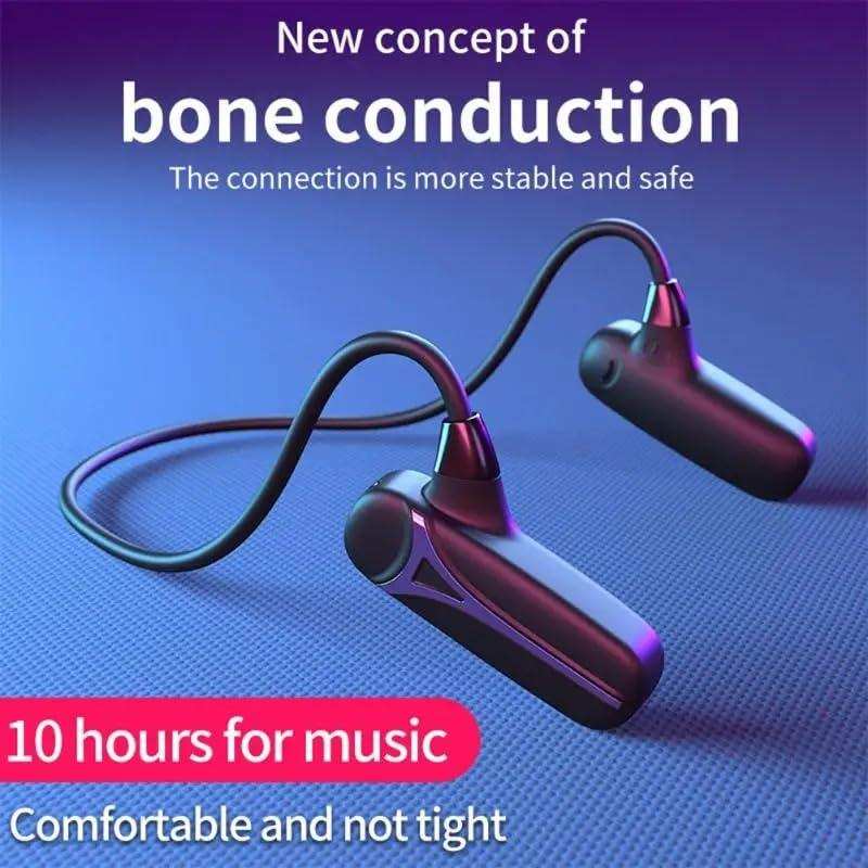Bone conduction Bluetooth earphones with wire, text highlighting 10 hours for music, on blue surface. TUTT