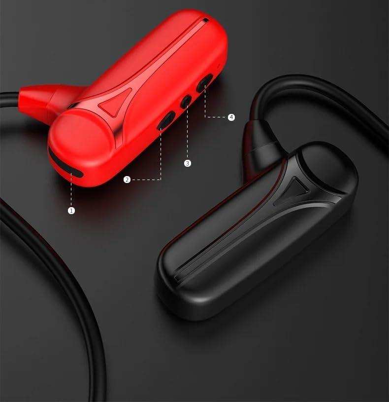 Red and black Bluetooth bone conduction sports earphones with visible buttons on black background TUTT