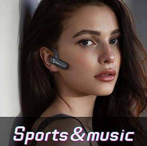 Woman wearing bone conduction Bluetooth sports earphones headset, text 'Sports & music'. TUTT