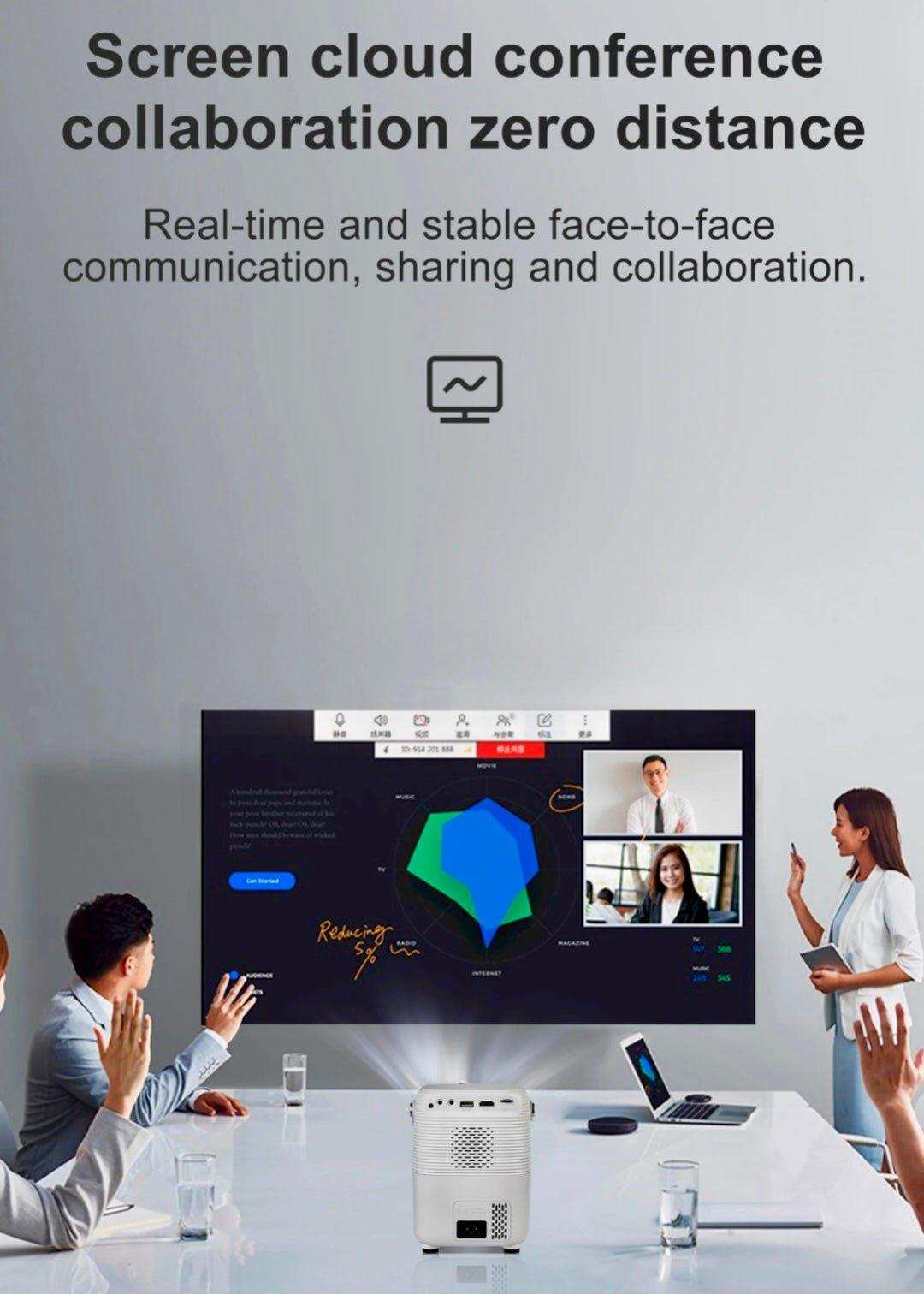 Business meeting using TUTT T12 Pro 4K projector displaying cloud conference call TUTT