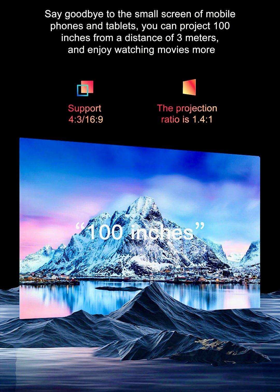 4K gaming projector displaying 100 inch mountain landscape, aspect ratios 4:3 16:9, TUTT