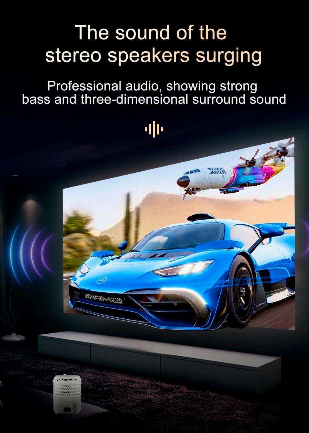 TUTT T12 Pro 4K gaming projector in a dark home theater projecting a vivid car and airplane scene, highlighting stereo surround sound. TUTT