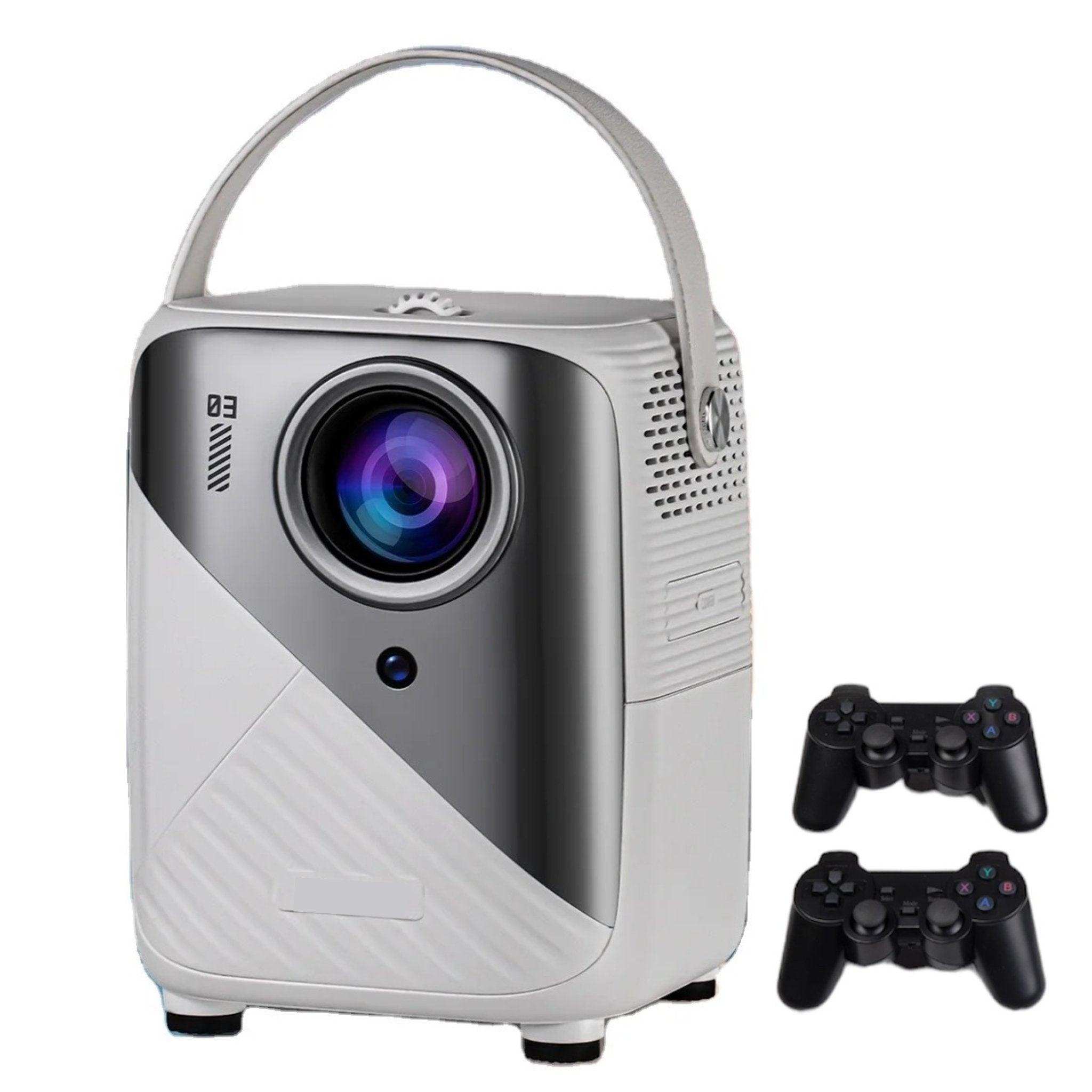 4K gaming projector with carrying handle and two black wireless controllers, white background TUTT