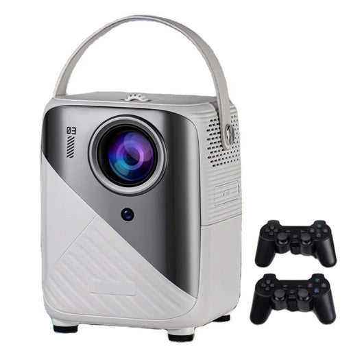 4K gaming projector with carrying handle and two black wireless controllers, white background TUTT