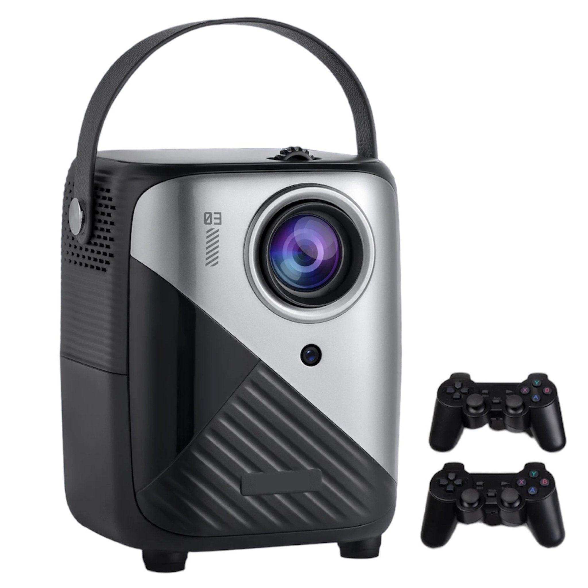 4K gaming projector with carrying handle and two black wireless controllers, home theater TUTT