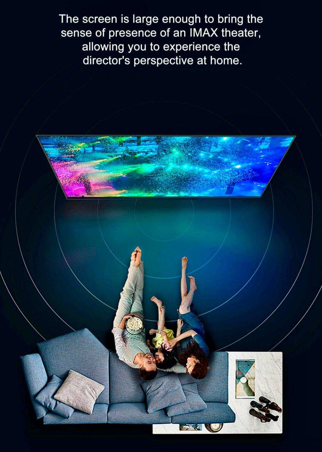 Family watching large vibrant 4K projector screen in modern home theater living room, TUTT