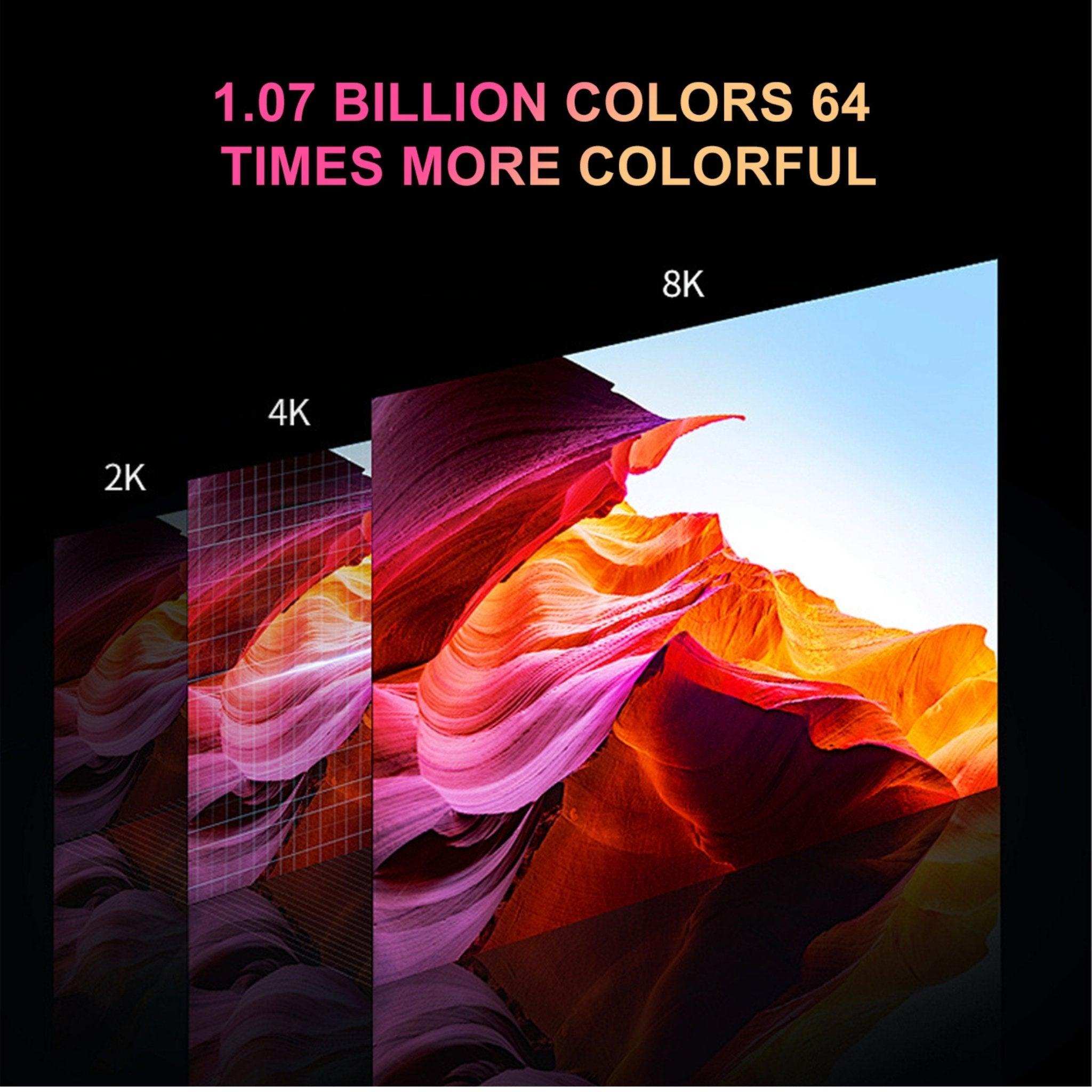 Comparison of 2K, 4K, and 8K vivid color quality with text '1.07 billion colors 64 times more colorful' for TUTT projector TUTT