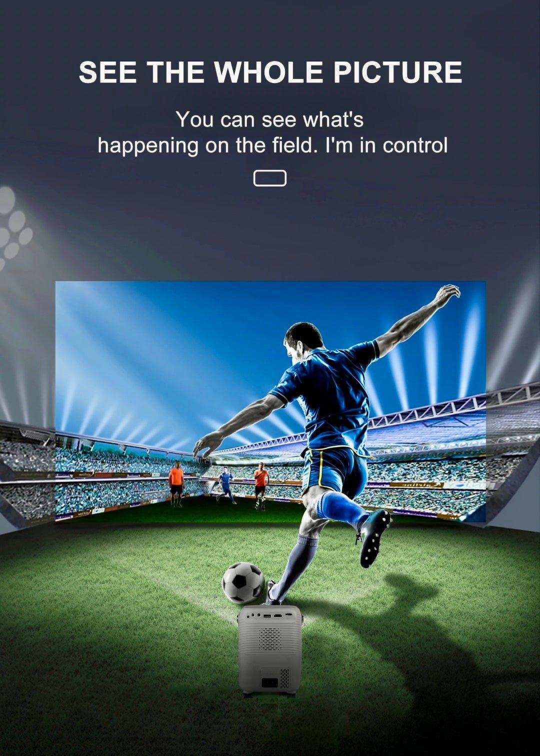 4K gaming projector displaying soccer game in vibrant home theater setting, WiFi Bluetooth TUTT