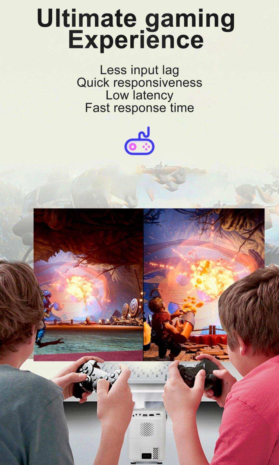 Two boys gaming with controllers using a TUTT T12 Pro 4K gaming projector, vivid screen display, home setting, text highlights low latency and fast response time. TUTT