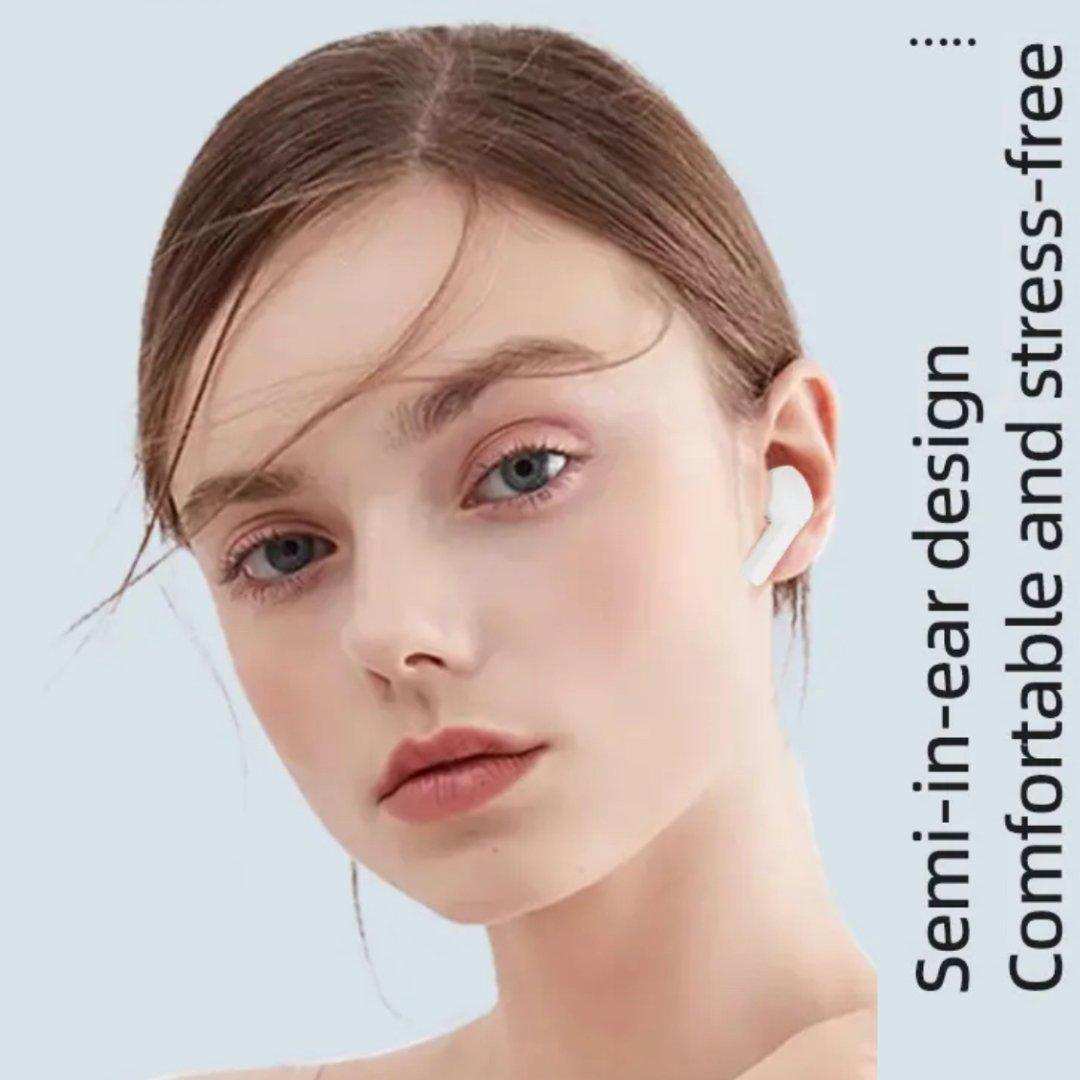Woman wearing white in-ear wireless earbuds with text 'Semi-in-ear design, Comfortable and stress-free.' TUTT