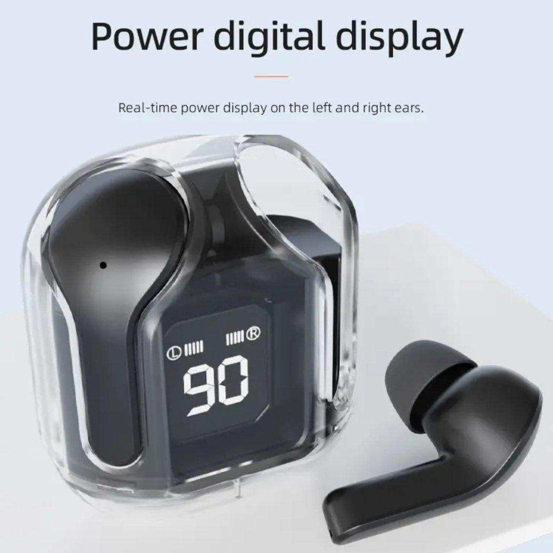 Black true wireless earbuds with digital display in a transparent charging case, TUTT