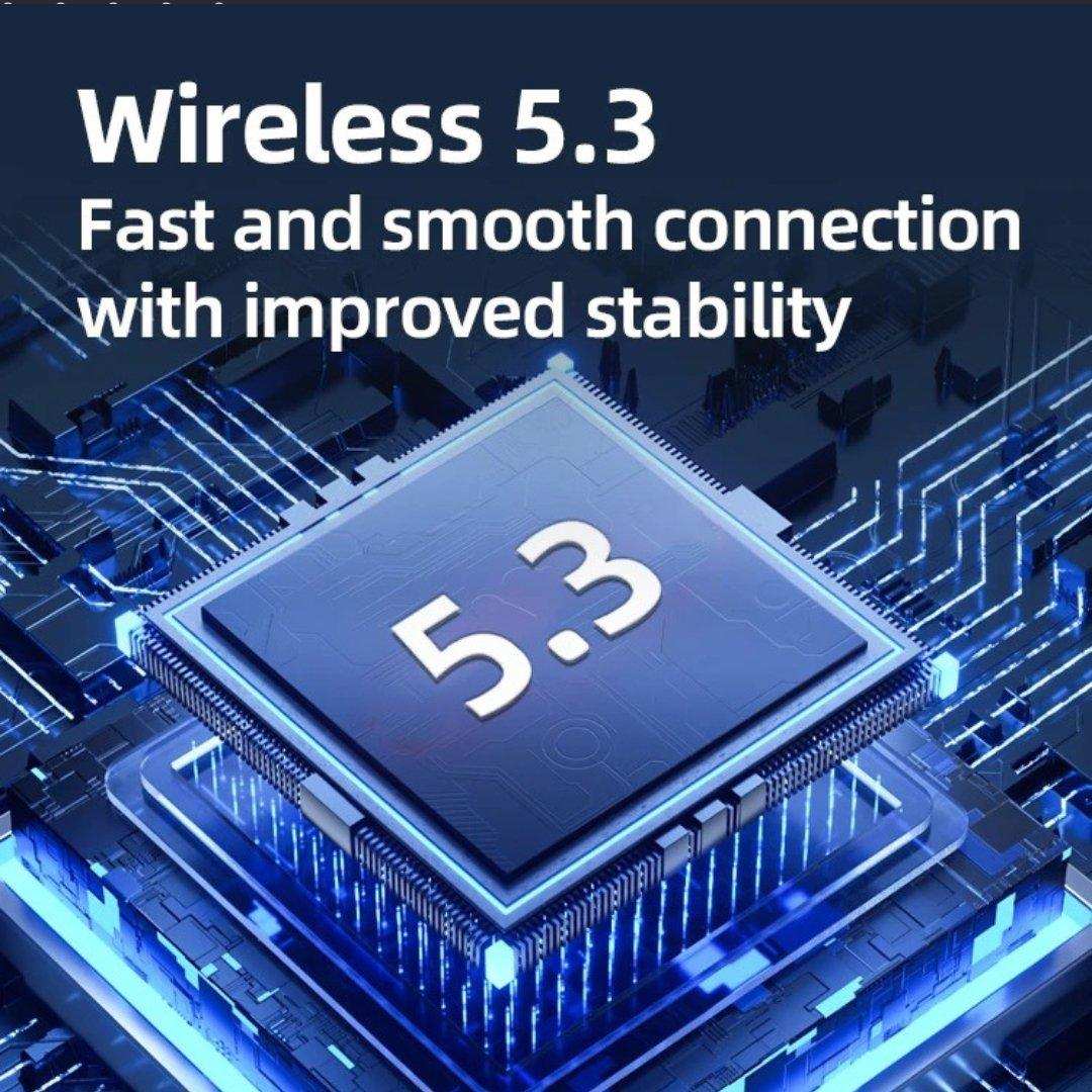 Wireless 5.3 chip illustration with blue circuit lines, promoting fast and stable connection TUTT
