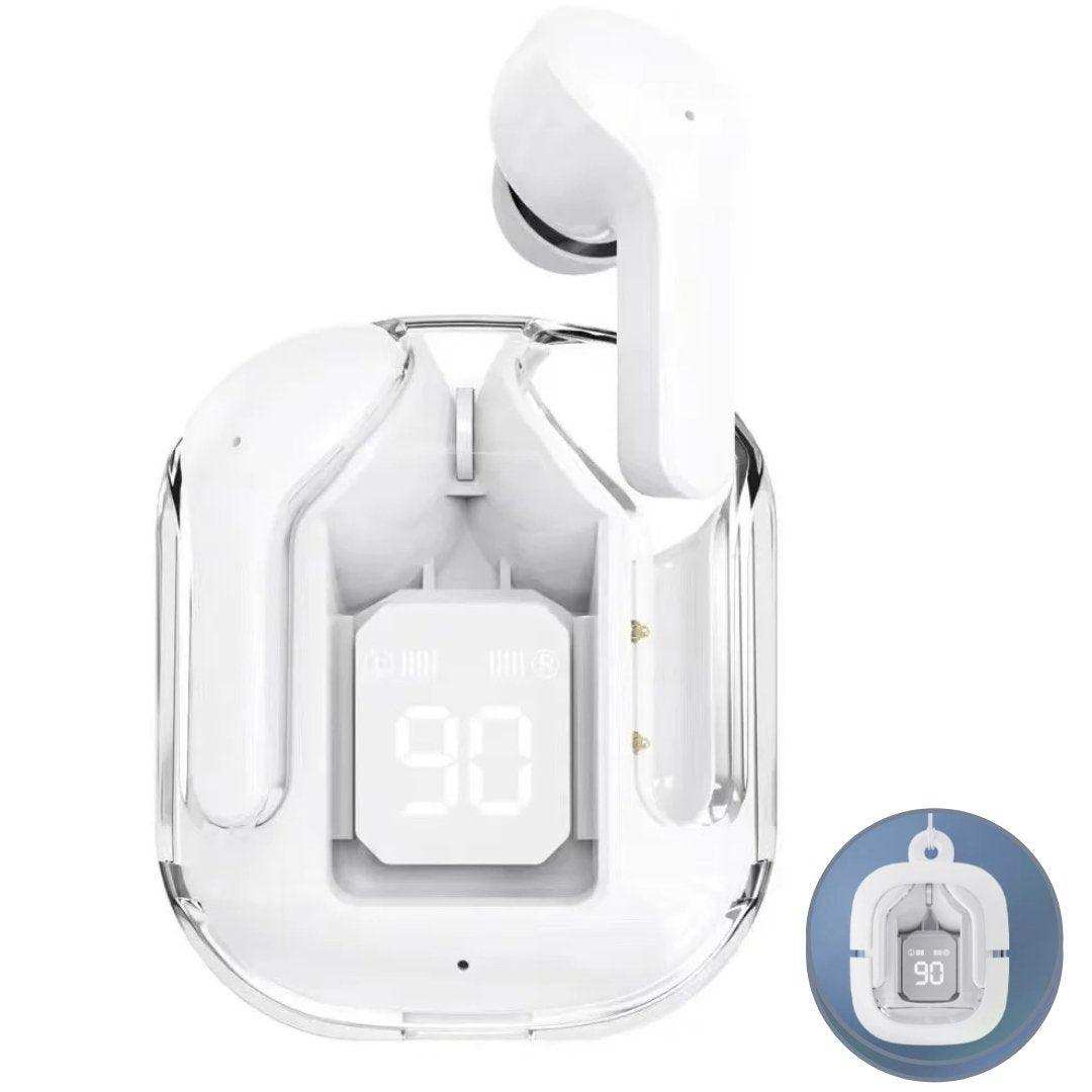 White true wireless earbuds in clear case with digital display, in-ear stereo headphones TUTT