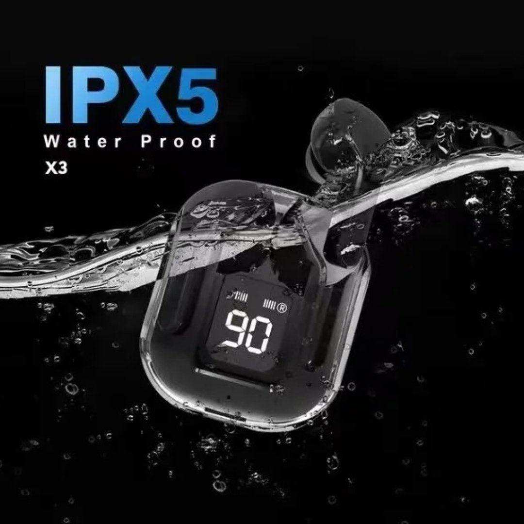 IPX5 waterproof true wireless earbuds with digital display in transparent case submerged in water TUTT