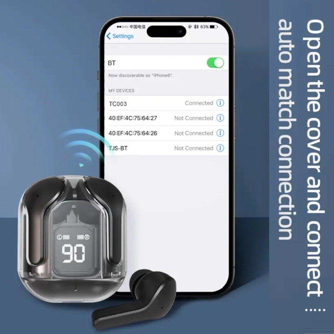 TUTT T6-BT-53 true wireless earbuds with digital display, transparent charging case, and smartphone Bluetooth pairing screen. TUTT